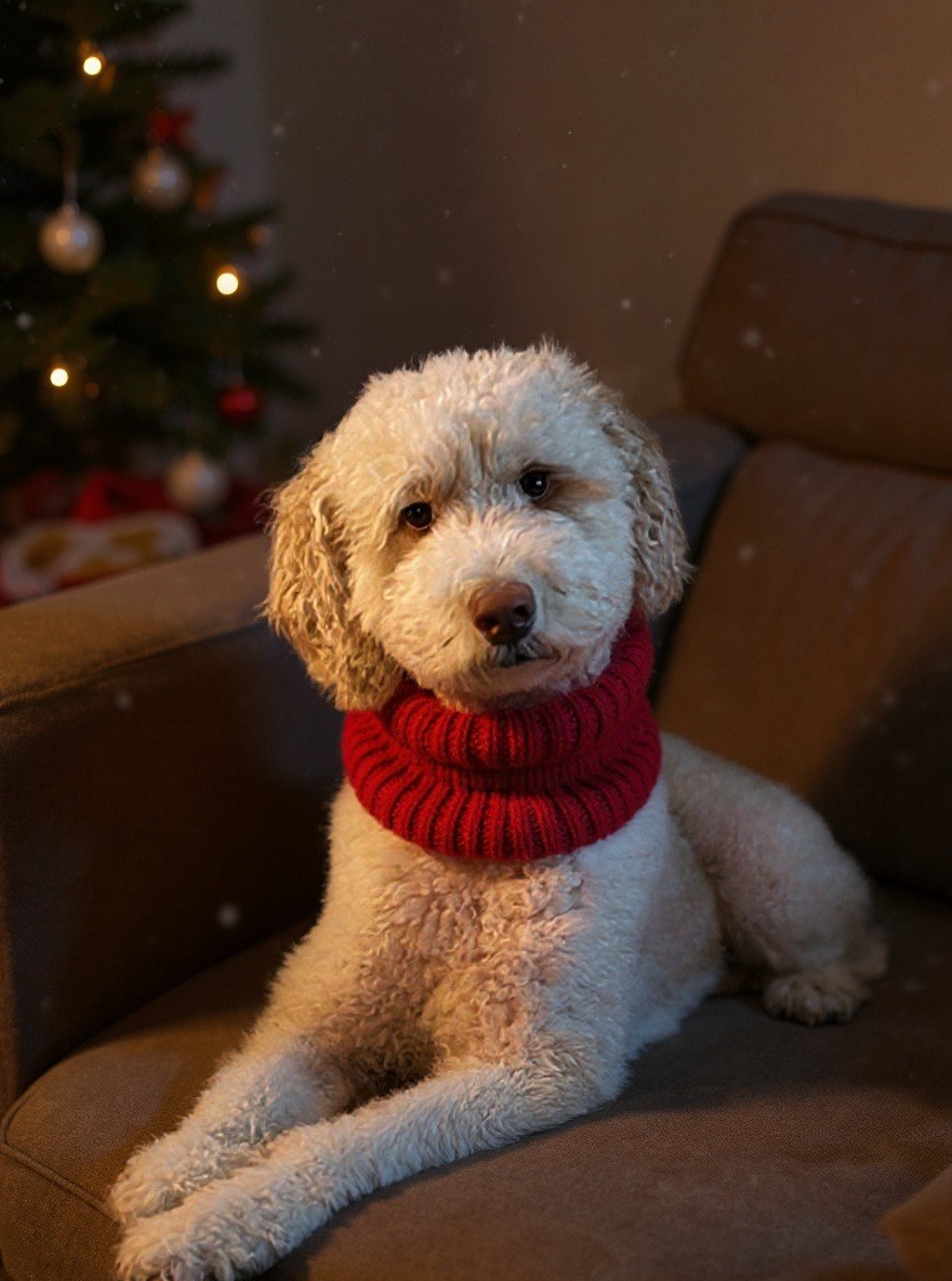 Cream doodle in a red scarf by a Christmas tree