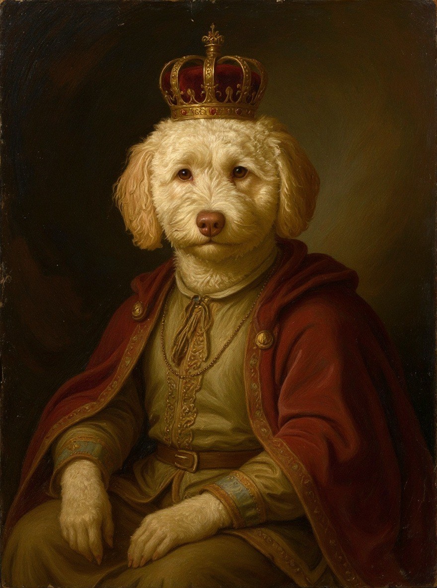 Cream doodle painted as a renaissance noble with crown and cape