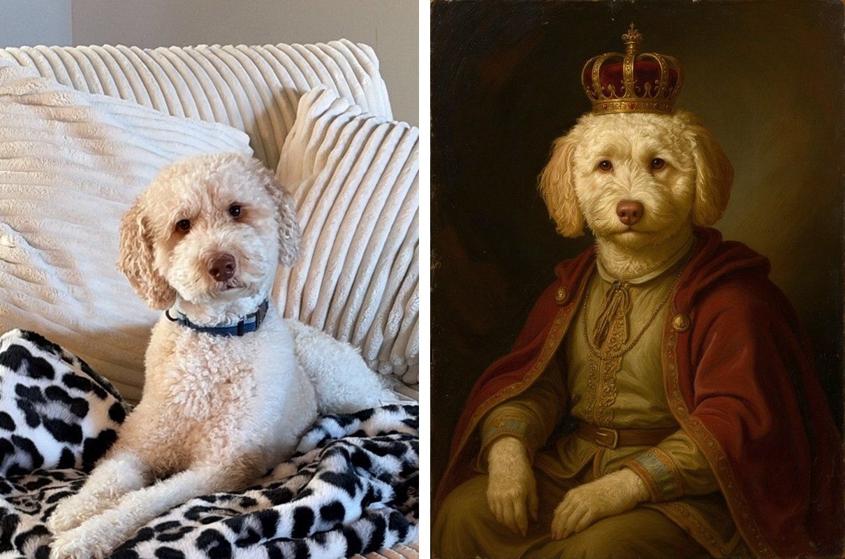 Before: cream doodle this dog lying on a striped couch. After: this dog as a renaissance oil portrait with a crown and red velvet cape.